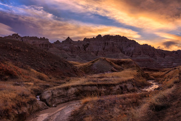 The sun sets over Badlands National Park, South Dakota