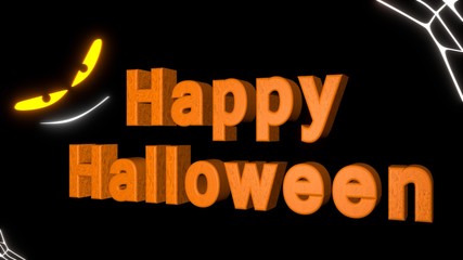 Happy Halloween in orange 3D text, with glowing eyes and smile in the dark.
