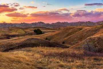 Foto op Canvas The sun sets over the golden fields of Badlands National Park, South Dakota © Zak Zeinert