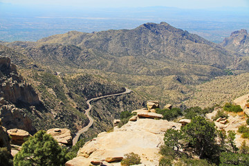 View towards Tucson of winding road from Windy Point on Mount Lemmon in Tucson, Arizona, USA in the...