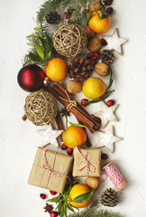 Christmas holiday decoration and gifts, top view