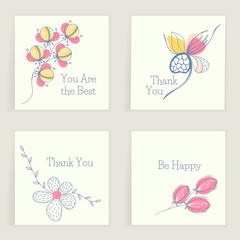 Four square cards with wishes. Hand drawn creative flowers. Colorful artistic background with blossom. Abstract herb. It can be used for invitation, thank you message, postcard. Vector, eps10
