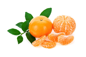 Tangerine orange with leaves on a white background