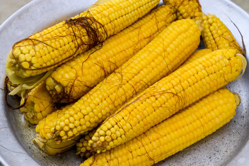 Boiled corn on an aluminum tray. Corn near. Closeup of corn. Yel