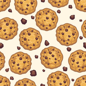 Choco chip cookie seamless pattern. Homemade chocolate cookies and crumbs white background, vector illustration