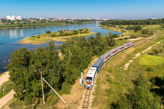 The train travels along the Children's Railway on the Konny island in the Irkutsk city