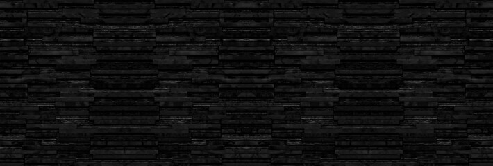 Fond de texture de mur de bloc de couche de pierre de marbre noir, bannière longue taille.
