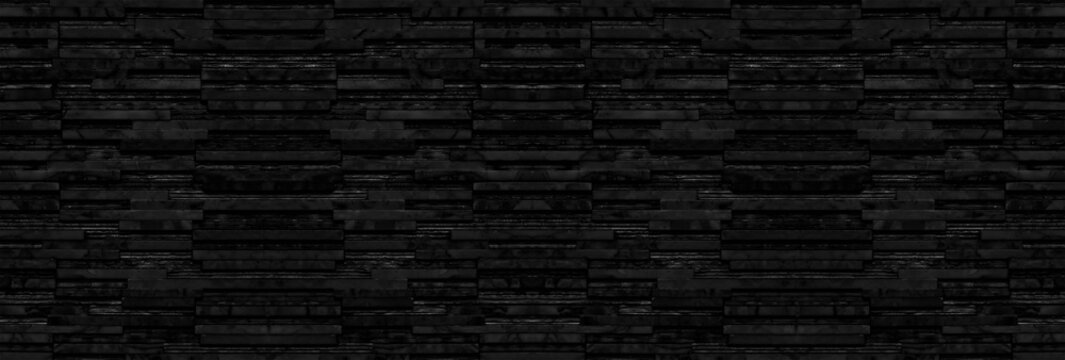 Black marble stone stack layer block wall texture background,banner long size.