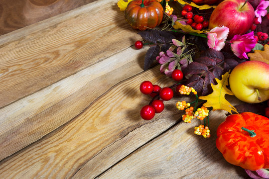 Fall arrangement with pumpkins and pink flowers, copy space