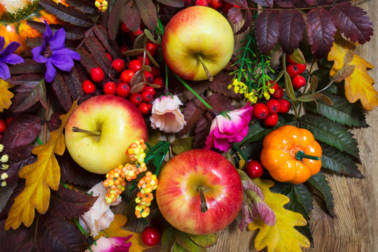 Thanksgiving decoration with rowan leaves, apples, pink and purple flowers, top view