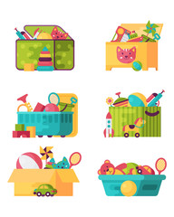 Naklejka premium Full kid toys in boxes for kids play childhood babyroom container vector illustration