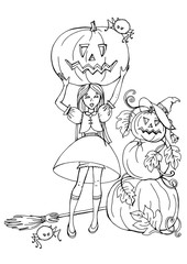 праздник хэллоуин, девочка в образе ведьмы с тыквой на голове, снеговик из тыкв