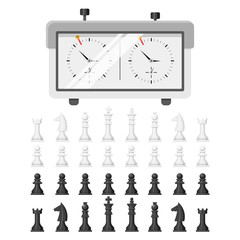 Chess board and chessmen leisure concept knight group white and black piece competition vector illustration