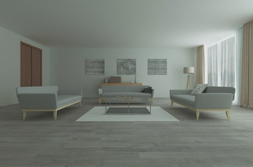 Three gray sofas in large modern room