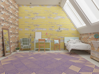 Large bedroom for teenager in rustic style with brick wall cozy workplace, modern lamps, mirror and rug on hardwood floor