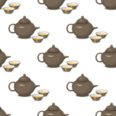 Kettle teapot drink hot breakfast kitchen utensil seamless pattern tea pot with two cups vector illustration.