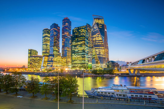 Modern skyscrapers of Moscow city skyline at twilight