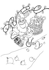 новый год и рождество, Санта Клаус бежит по дороге, Санта Клаус несет в корзине щенят