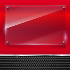 Metallic background with glass banner and black metal mesh. Polished texture on the red background of metal with holes. Template glass banner for advertising auto and hardware stores