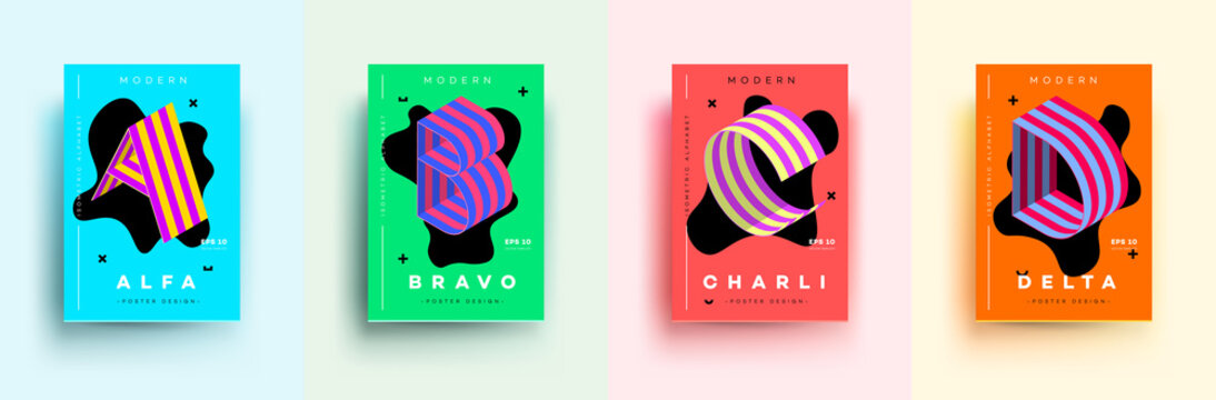 Modern Typographic Colorful Covers. Isometric Letters A, B, C, D With Abstract Memphis Design Background. Vector Trendy Template For Your Posters, Banners, Presentations, Layouts