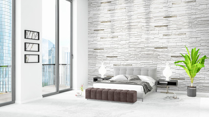 Brand new white loft bedroom minimal style interior design with copyspace wall and view out of window. 3D Rendering.