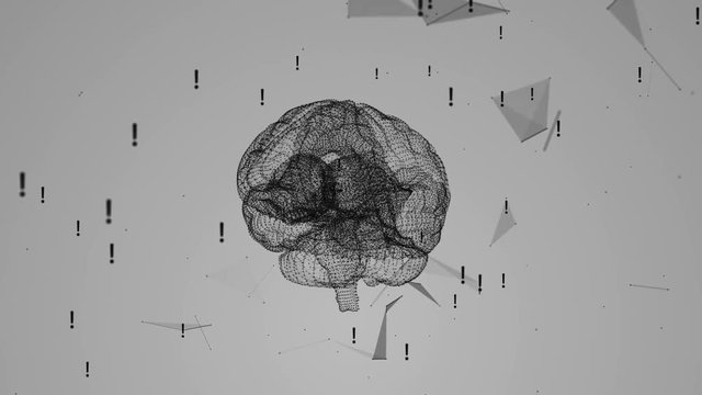 Rotating the human brain against the background of plexus and exclamation marks. Network connection on white background. Abstract brain. Loop animation.