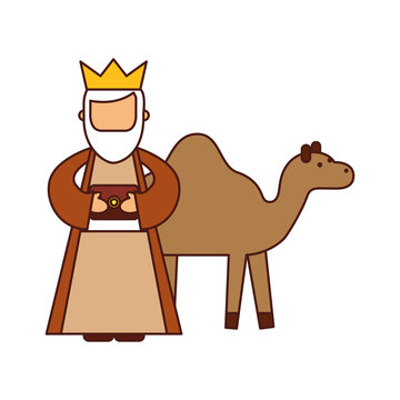 cartoon wise king with camel manger characters