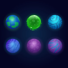 Set of colorful magic planets illustration. Colorful shining alien worlds with ice and snow swirls, dots, stripes and islands. Vector asset for space game design isolated on dark background.