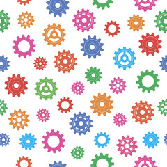 Seamless gear pattern. Colorful gears on a white background. Vector illustration.