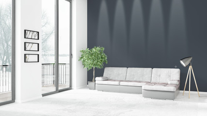 Brand new white loft bedroom minimal style interior design with copyspace wall and view out of window. 3D Rendering.