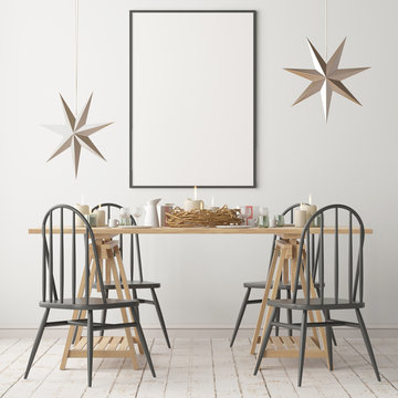 Christmas mockup with a poster on the background of a dinner table.3D rendering
