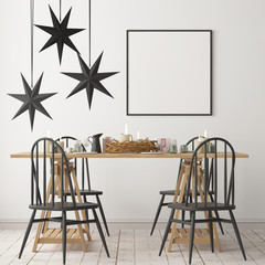 Christmas mockup with a poster on the background of a dinner table.3D rendering