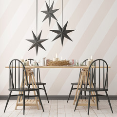 Christmas interior, decorated in Scandinavian style. 3d rendering. 3d illustration