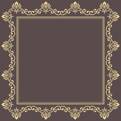 Classic vector square golden frame with arabesques and orient elements. Abstract ornament with place for text. Vintage pattern