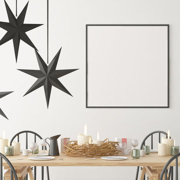 Christmas mockup with a poster on the background of a dinner table.3D rendering