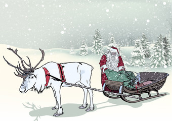 Winter Landscape and Santa Claus with Sledge and Reindeer - Christmas Background Illustration, Vector