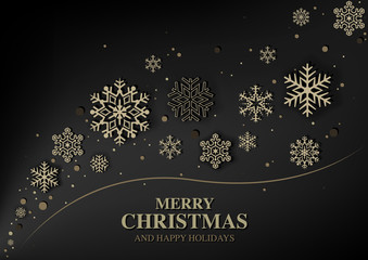 Fototapeta na wymiar Abstract Christmas Greeting with Gold Snowflakes on Black Background - Modern Illustration, Vector