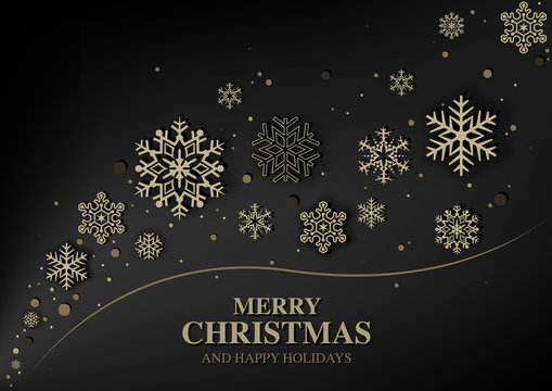 Abstract Christmas Greeting with Gold Snowflakes on Black Background - Modern Illustration, Vector