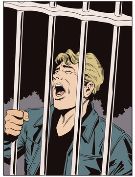 Male in jail. Man is behind prison lattice. Stock illustration.