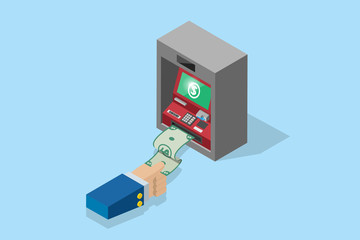 isometric business hand pull banknote from ATM machine, technology and business concept
