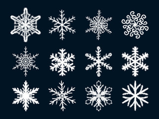 Fluffy snowflakes snowflakes on a dark background. Vector illustration.