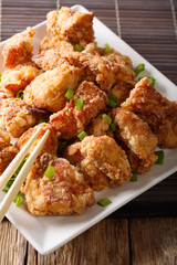 Spicy chicken caraage with lemon and green onion close-up. vertical