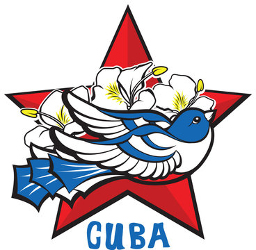 Freedom And Liberty Symbol - Blue Cuban Bird, Red Star, Flowers. Icon Logo With Inscription  Cuba.