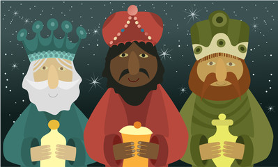 Three wise men bring presents to Jesus