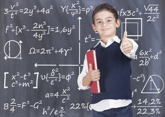 Education concept with confident school boy in front of a blackboard