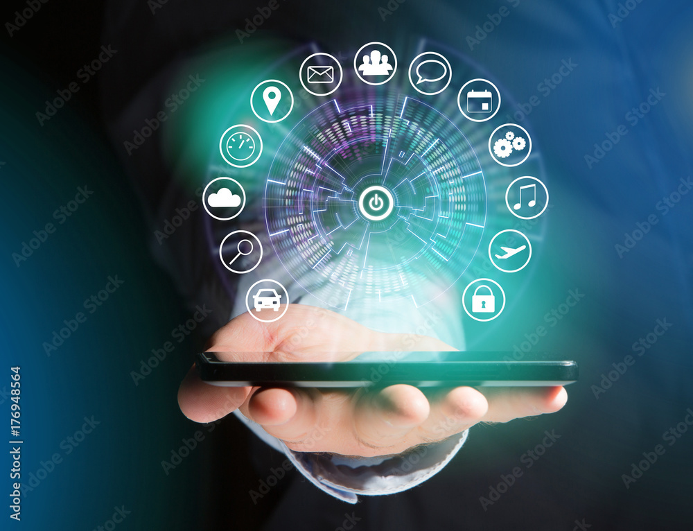 Poster home button of a technology interface surrounded by application - technology app concept