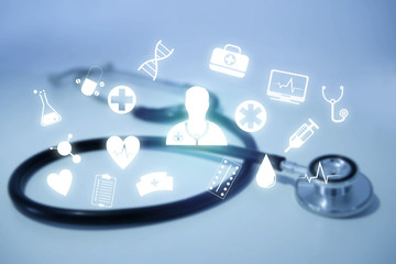 Medecine and general healthcare icon displayed on a technology medical interace interface