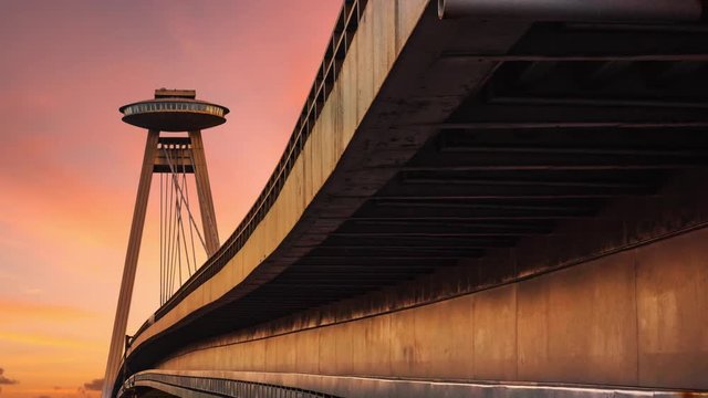 bratislava landmark ufo tower and bridge timelapse at sunset