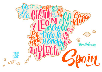 Silhouette of the map of Spain with hand-written names of regions, provinces - Catalonia, Andalusia, Galicia, etc. Handwritten lettering on the background of Spain map.