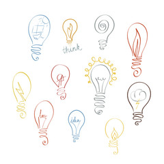 Vector set of light bulb icons with concept of idea. Doodle sign collection.